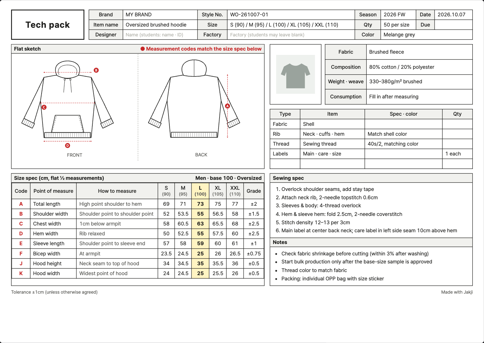 Example hoodie tech pack made with Jakji: front and back flats, size spec, fabric and trims, sewing spec